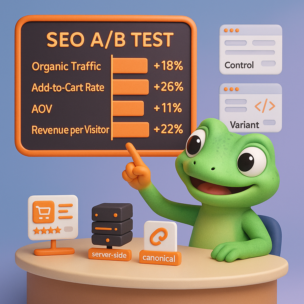 3D cartoon gecko analyst pointing to an SEO A/B Test split bar chart with metrics for organic traffic, add-to-cart rate, AOV, and revenue per visitor, with WooCommerce and server-side testing icons