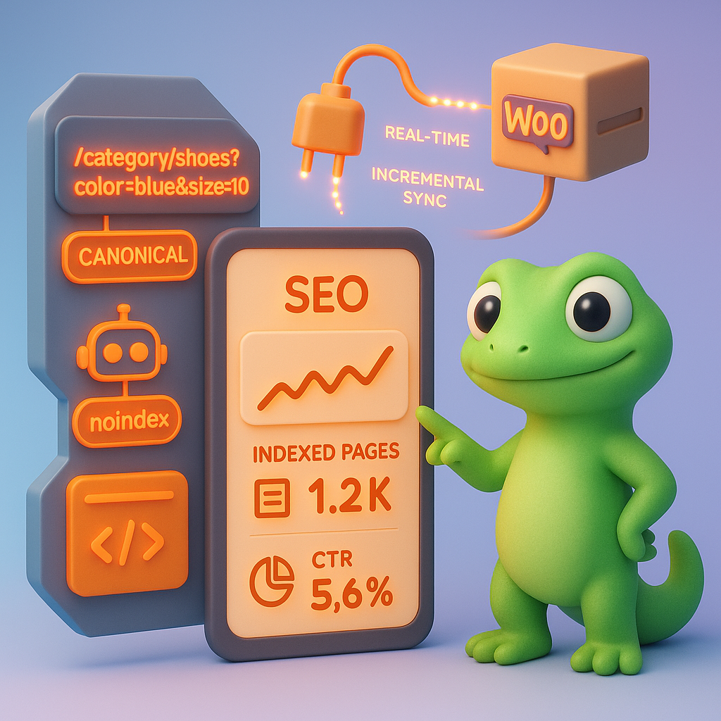 3D cartoon-style green gecko SEO engineer beside a tablet dashboard showing catalog-aware SEO metrics, faceted navigation canonicalization, and a ContentGecko real-time API sync – illustrating technical implementation and monitoring.
