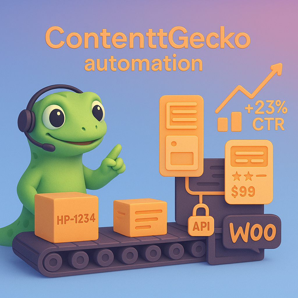 ContentGecko automation pipeline: single gecko pointing to conveyor transforming SKUs into published WooCommerce pages with schema, +23% CTR callout