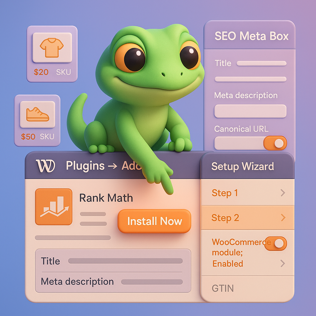 3D illustration of a green gecko installing Rank Math in WordPress Plugins → Add New with the WooCommerce module enabled and an SEO Meta Box showing title, meta description, canonical URL, and product schema fields