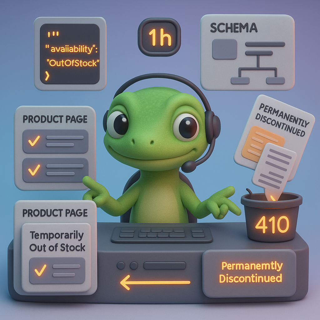 Illustration showing keep vs remove out-of-stock product pages with a green gecko pointing to 'Temporarily Out of Stock' and 'Permanently Discontinued' stacks, highlighting 1 hour schema updates and 301/410 actions