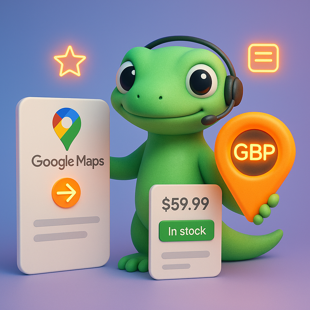 Green gecko mascot beside Google Business Profile and WooCommerce product card showing in-stock badge — illustration representing GBP optimization for WooCommerce local SEO