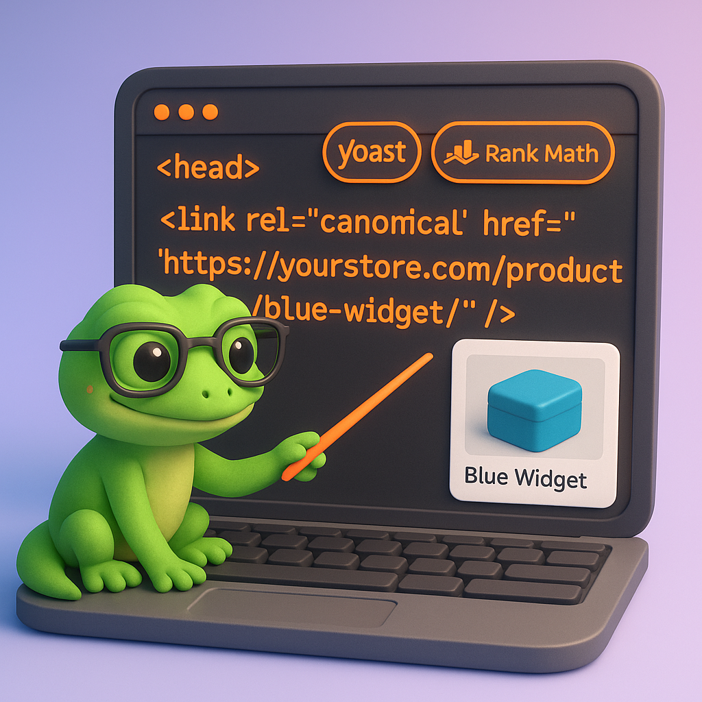 3D illustration of a green gecko developer pointing at a laptop showing a canonical link element (<link rel="canonical" href="https://yourstore.com/product/blue-widget/" />) with Yoast and Rank Math plugin badges — visualizing canonical tag implementation for WooCommerce