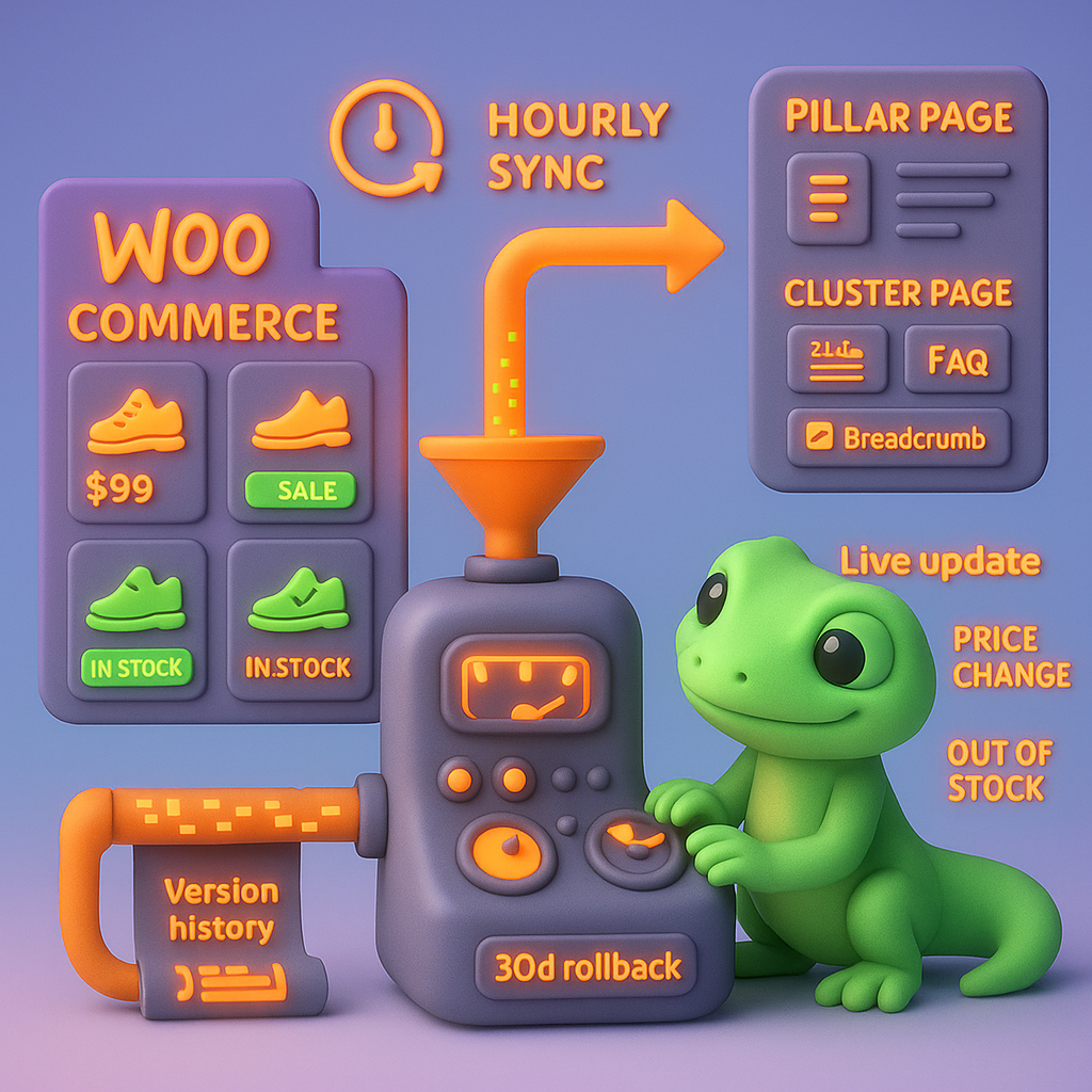 3D cartoon gecko operating an automated pipeline converting a WooCommerce product catalog into pillar and cluster content, showing hourly sync, schema outputs, and 30d rollback