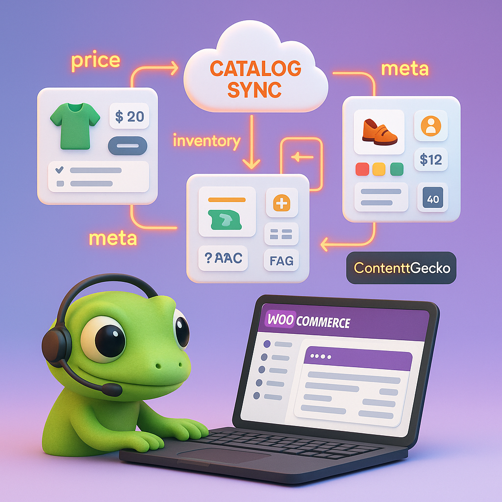 ContentGecko catalog sync illustration: green gecko at laptop showing WooCommerce dashboard, synchronized product cards with price and inventory badges, and cloud labeled 'Catalog Sync'