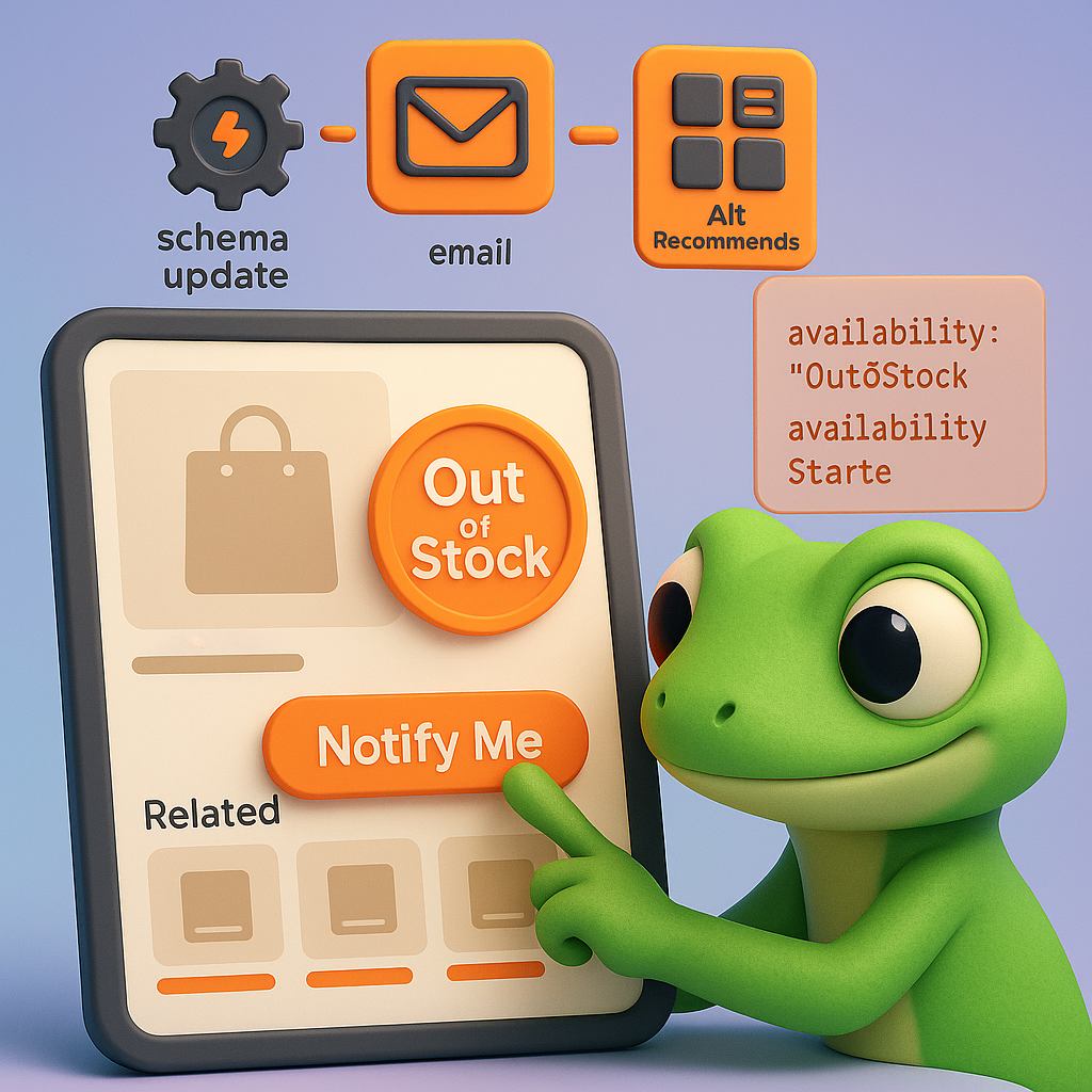 Close-up illustration of a product page UI showing a neon 'Out of Stock' badge and 'Notify Me' button with related product recommendations and automated schema update icons