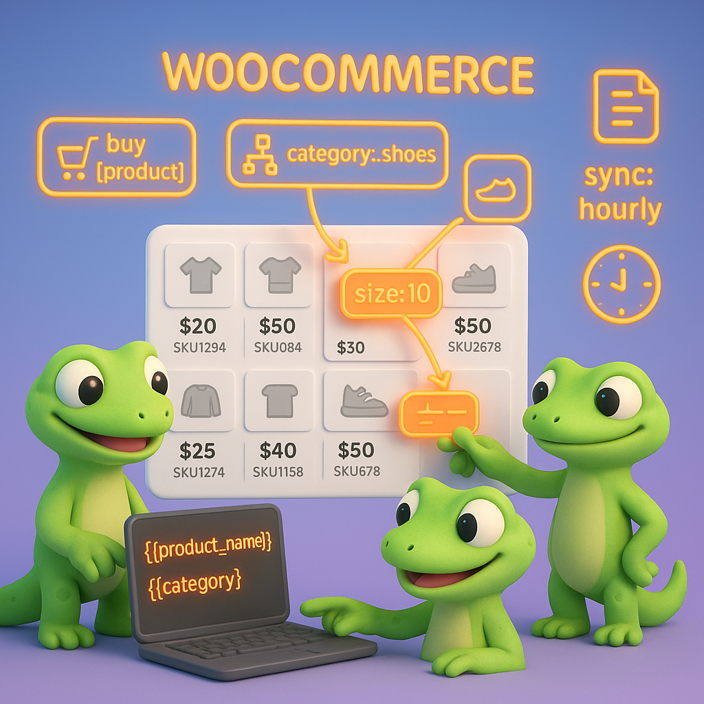 3D cartoon illustration of green geckos collaborating on a WooCommerce product catalog grid with neon orange keyword tags, schema icons, canonical tag, and real-time sync indicators – representing catalog-aware SEO and automated content-sync.