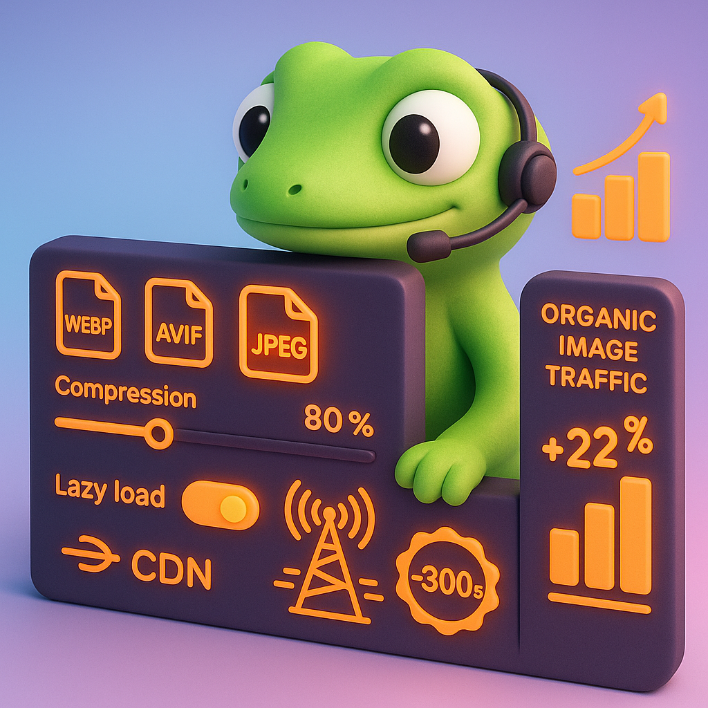 Gecko performance engineer dashboard showing WebP, AVIF, JPEG icons, compression slider, lazy load toggle and CDN speed improvement — visualizing image format and performance optimization for WooCommerce