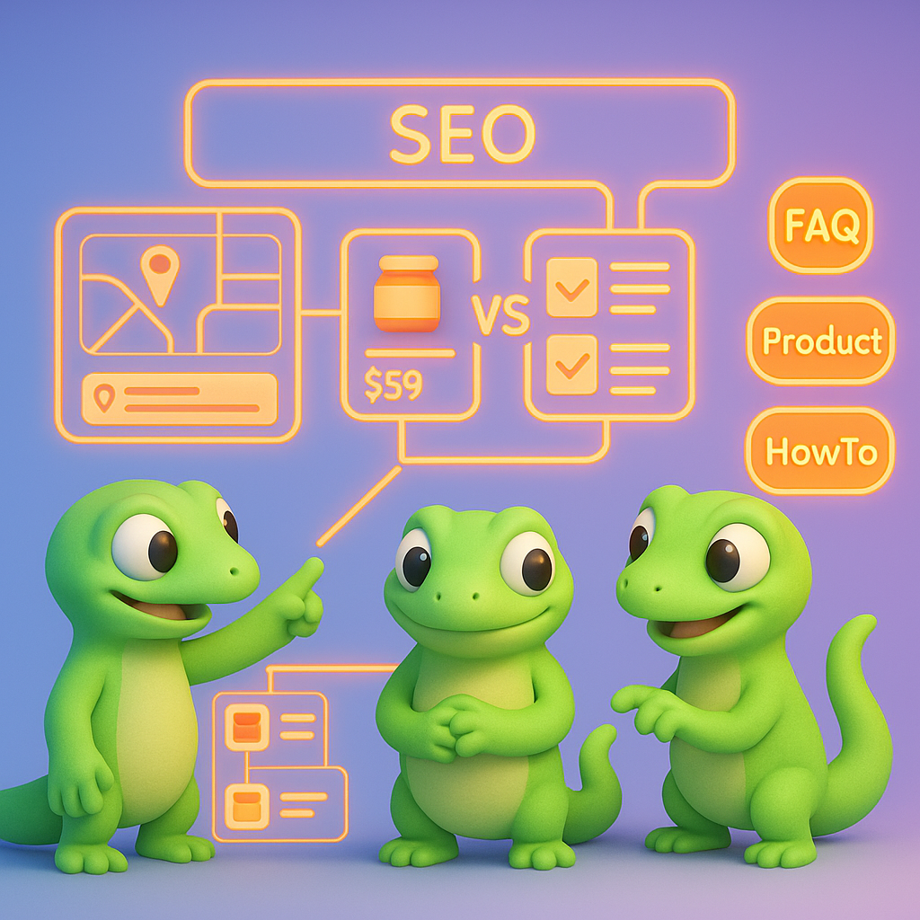 Three green geckos collaborating around a holographic SEO dashboard showing location pages, product comparisons, schema icons and internal linking to illustrate automated publishing, schema markup and contextual internal linking