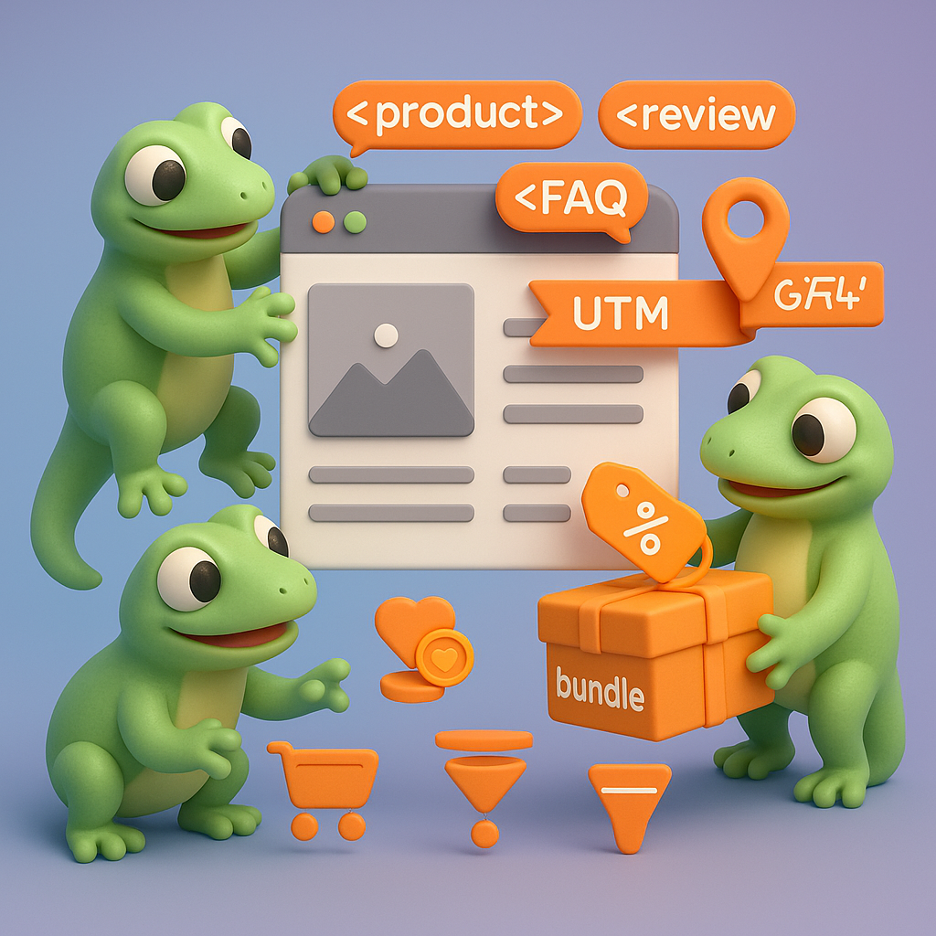 Three green geckos collaborating on a product page mockup adding schema markup, UTM/GA4 event tags, bundling products and adjusting price/margin — illustrating ContentGecko WooCommerce integration and SEO-to-revenue workflow