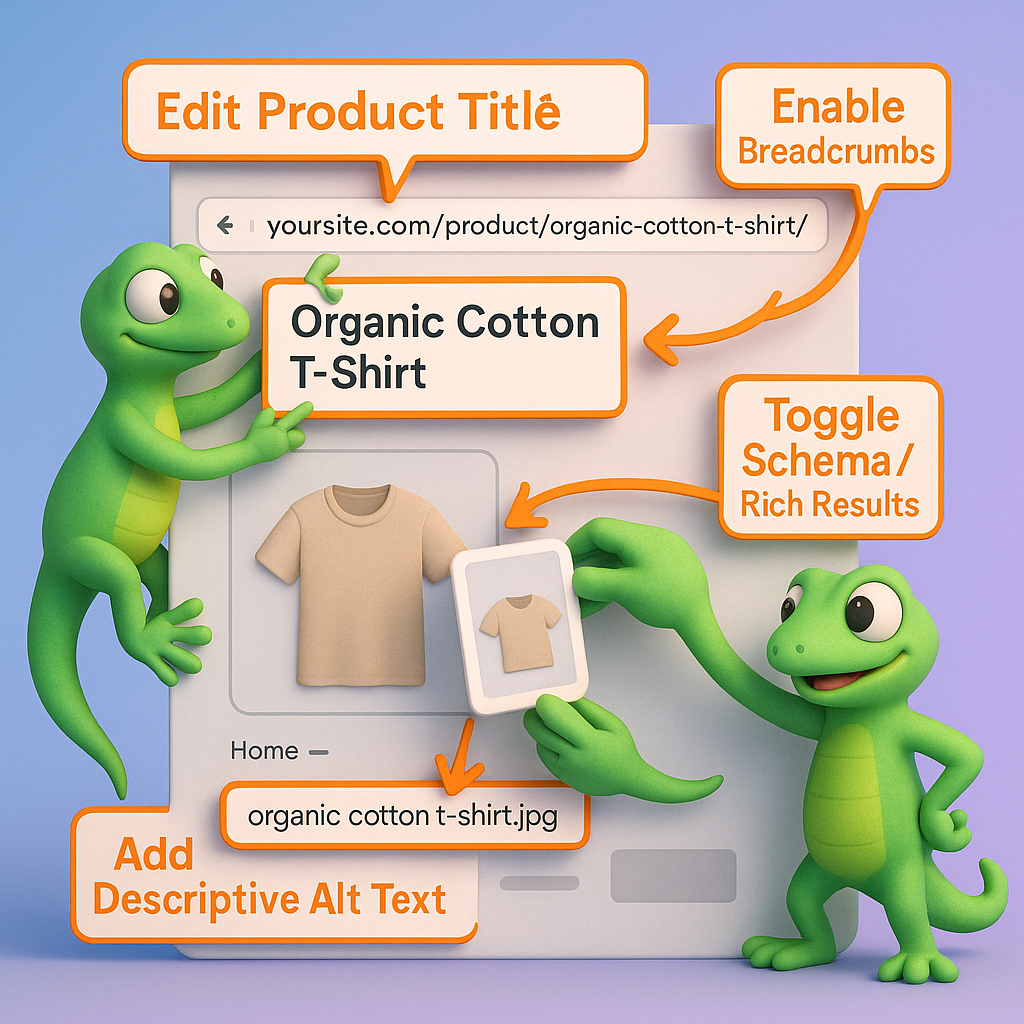 Three friendly green geckos optimizing a product page: editing product title, renaming image files and adding descriptive alt text, and enabling schema and breadcrumbs for SEO.