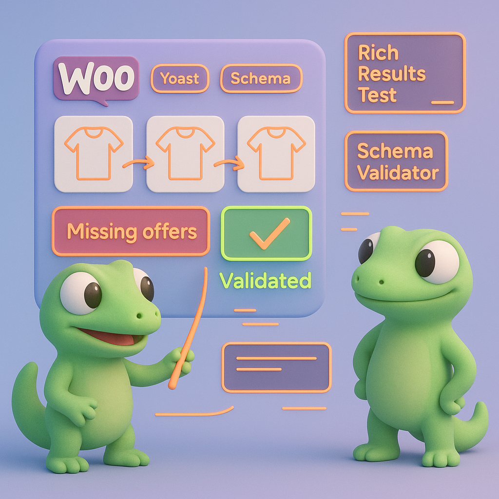 Two green geckos collaborating in front of a dashboard showing WooCommerce product tiles, schema plugins, and validation tools – illustrating automated ContentGecko WooCommerce schema syncing and error fixes