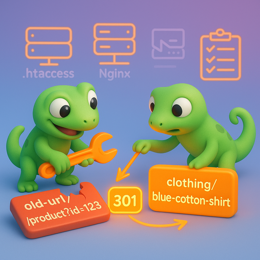 Two green geckos implementing URL redirects: converting an old query-string URL tile into a clean category/product URL and placing a glowing 301 redirect sign, illustrating redirect mapping and troubleshooting for WooCommerce URL changes