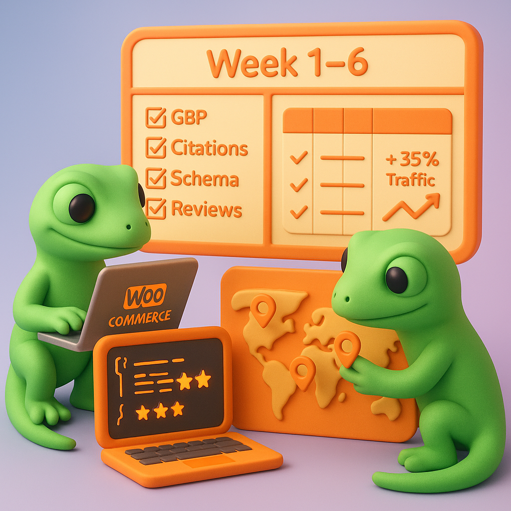 Two green geckos collaborating at a kanban board and laptop showing structured data and review stars — visualizing ContentGecko automation for WooCommerce local SEO