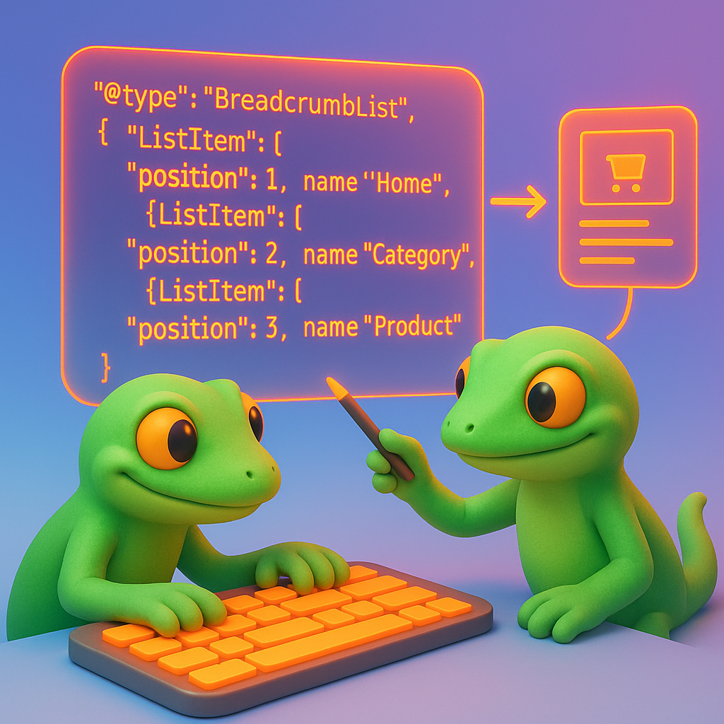 3D illustration of two green geckos working on a floating JSON-LD breadcrumb schema panel showing BreadcrumbList and ListItem entries for Home, Category, Product