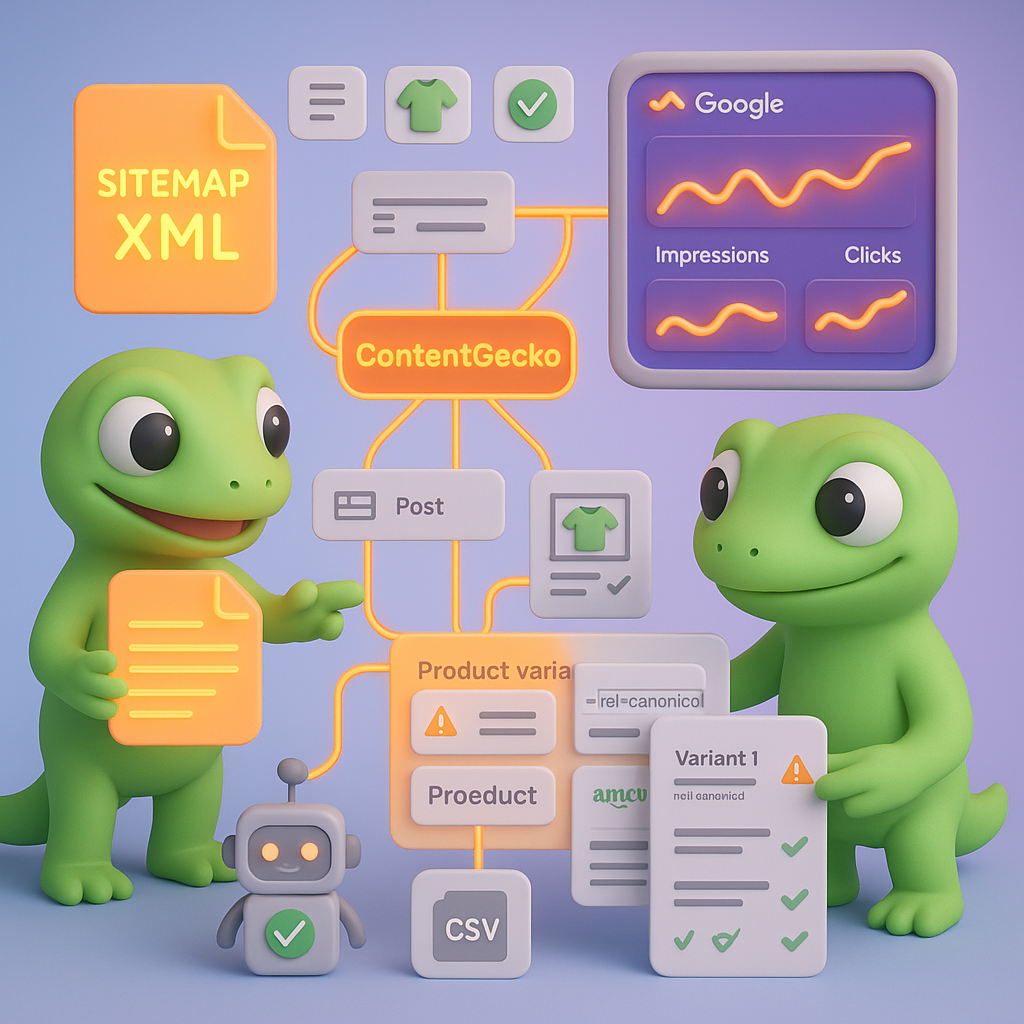 3D illustration of two green geckos collaborating on WooCommerce SEO showing an analytics dashboard (impressions, clicks), sitemap XML, product variant canonical badges, ContentGecko internal linking, and schema icons