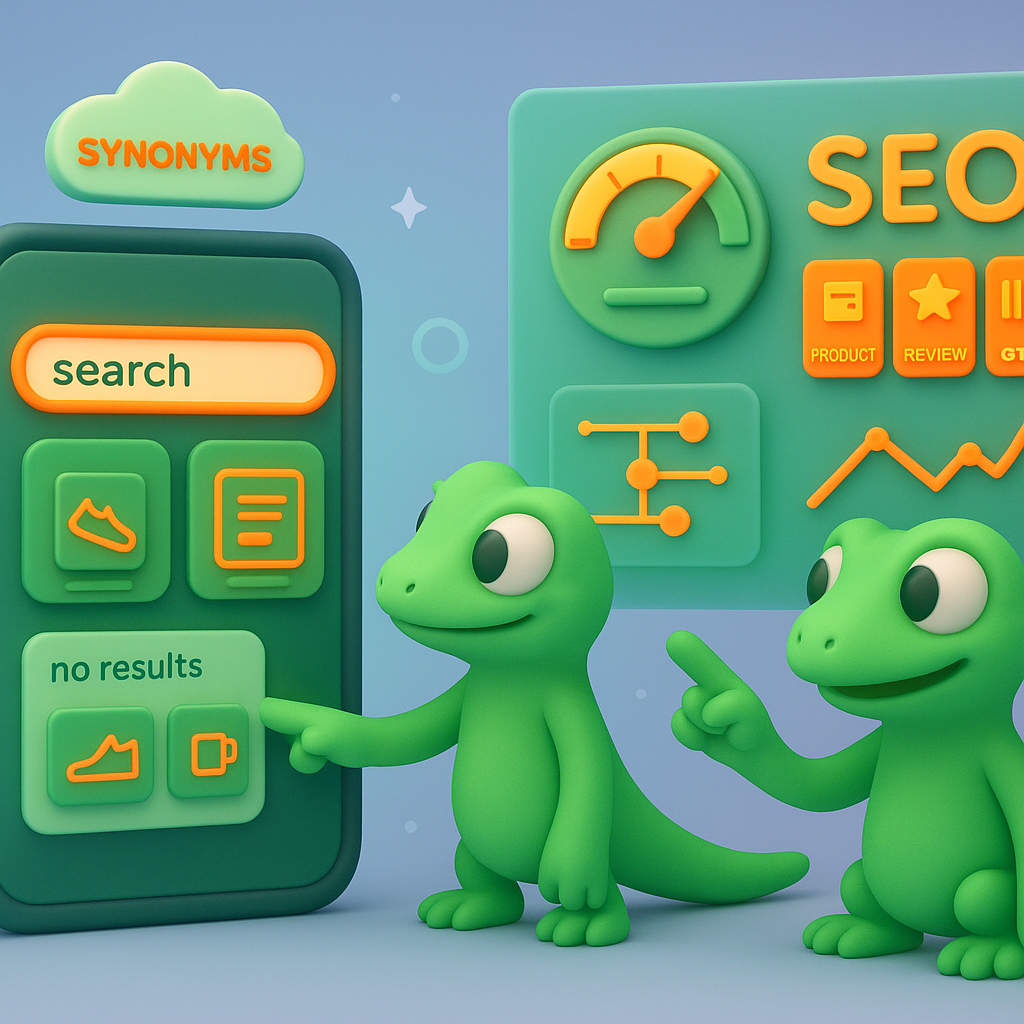 Two ContentGecko geckos optimizing internal site search — one using a mobile search bar and the other pointing to an SEO dashboard showing schema, internal linking, and search relevance metrics