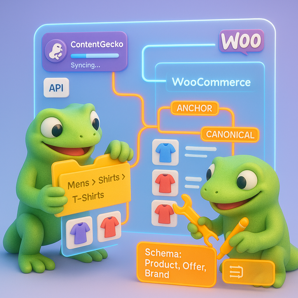 Two geckos building a WooCommerce catalog hierarchy on a holographic screen showing 2-3 level categories, canonical tags, and automated schema generation