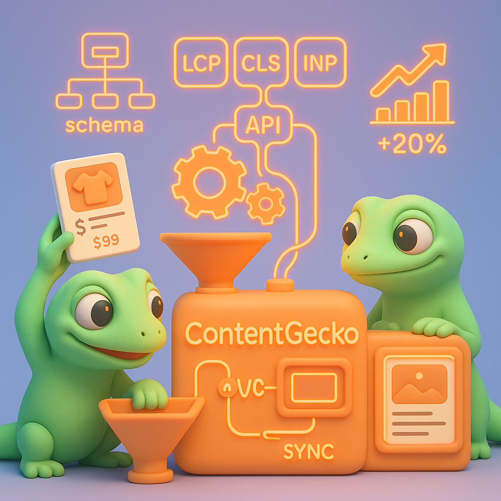 3D illustration of two green geckos operating a ContentGecko automation pipeline syncing product catalog tiles to content output with schema and Core Web Vitals badges and rising revenue graph