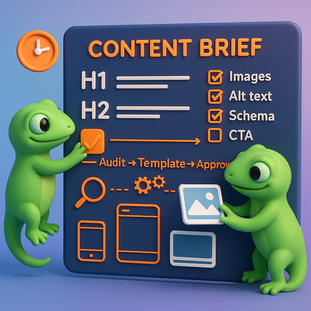 Two ContentGecko geckos collaborating on a content brief board showing H1/H2 hierarchy, checklist for images/alt text/schema/CTA, and workflow steps Audit → Template → Approve → Publish