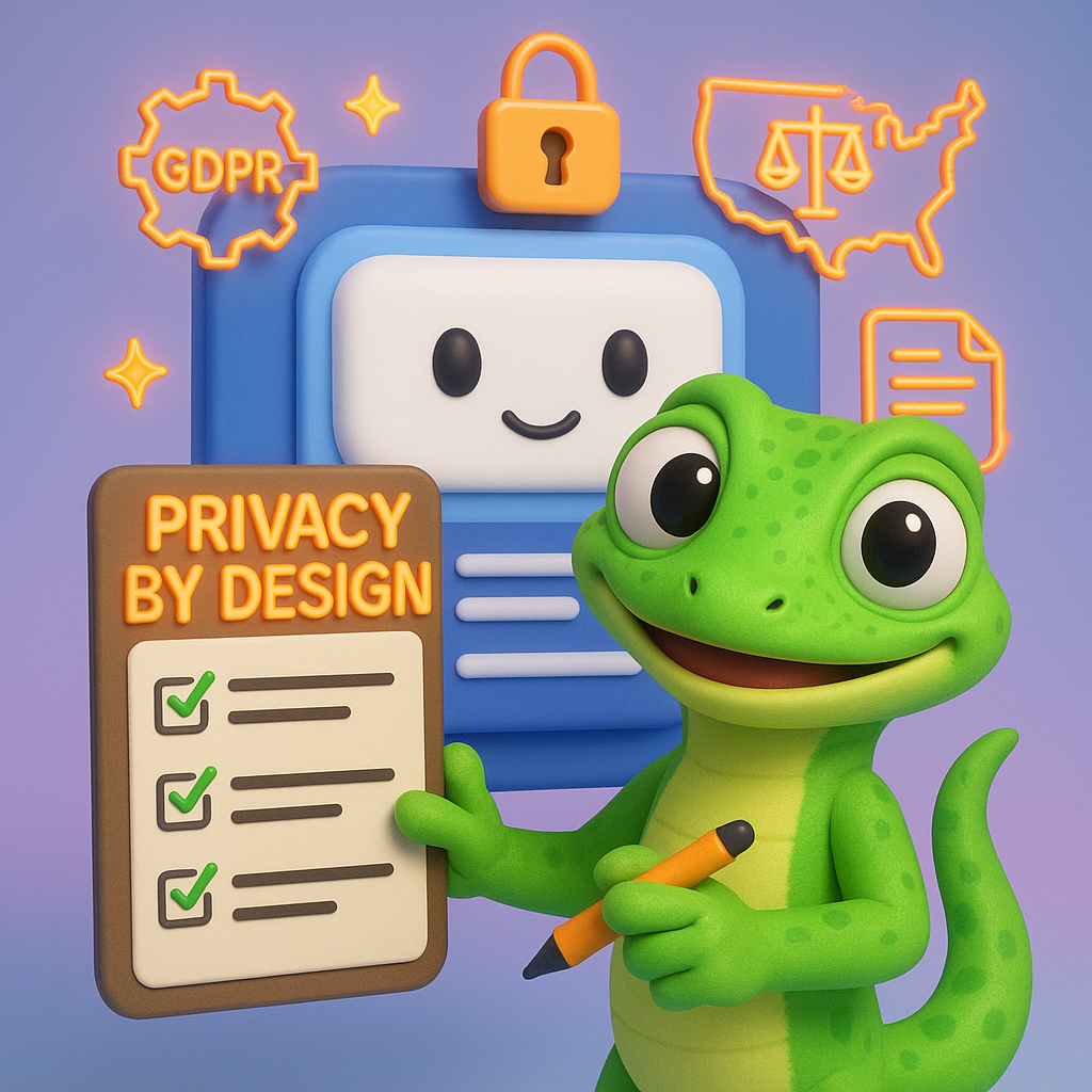 Illustration of privacy by design in LLM applications with gecko character, chatbot screen, and privacy compliance icons
