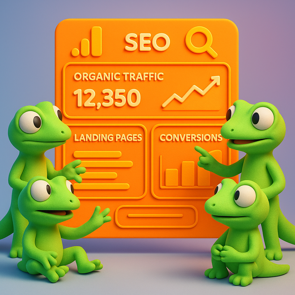 3D cartoon-style illustration featuring a group of soft, rounded green gecko characters presenting an oversized, neon orange SEO dashboard with organic traffic metrics, landing page analytics, and conversion graphs. The geckos are pointing and discussing the data in a businesslike manner against a light blue-to-purple gradient background, with large neon orange icons for Google Analytics and Search Console displayed prominently.