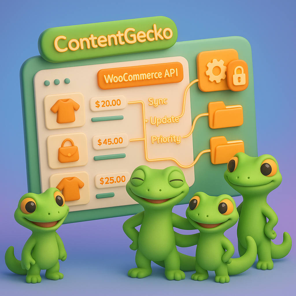 ContentGecko dashboard integrating with WooCommerce API showing product cards, secure plugin connection, and sync/update badges