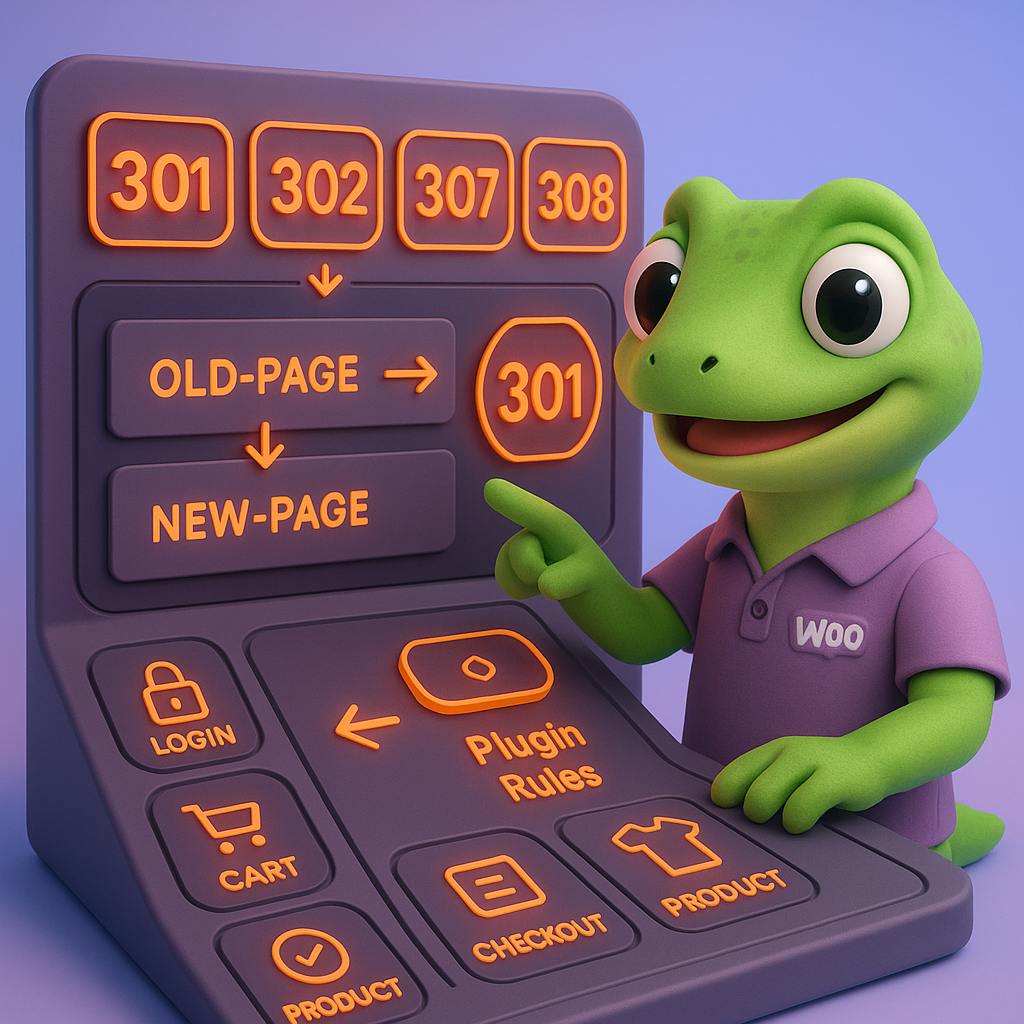 3D cartoon green gecko as store manager pointing at a redirect dashboard showing 301, 302, 307, 308 badges and flows (old-page → new-page) — WooCommerce redirects overview