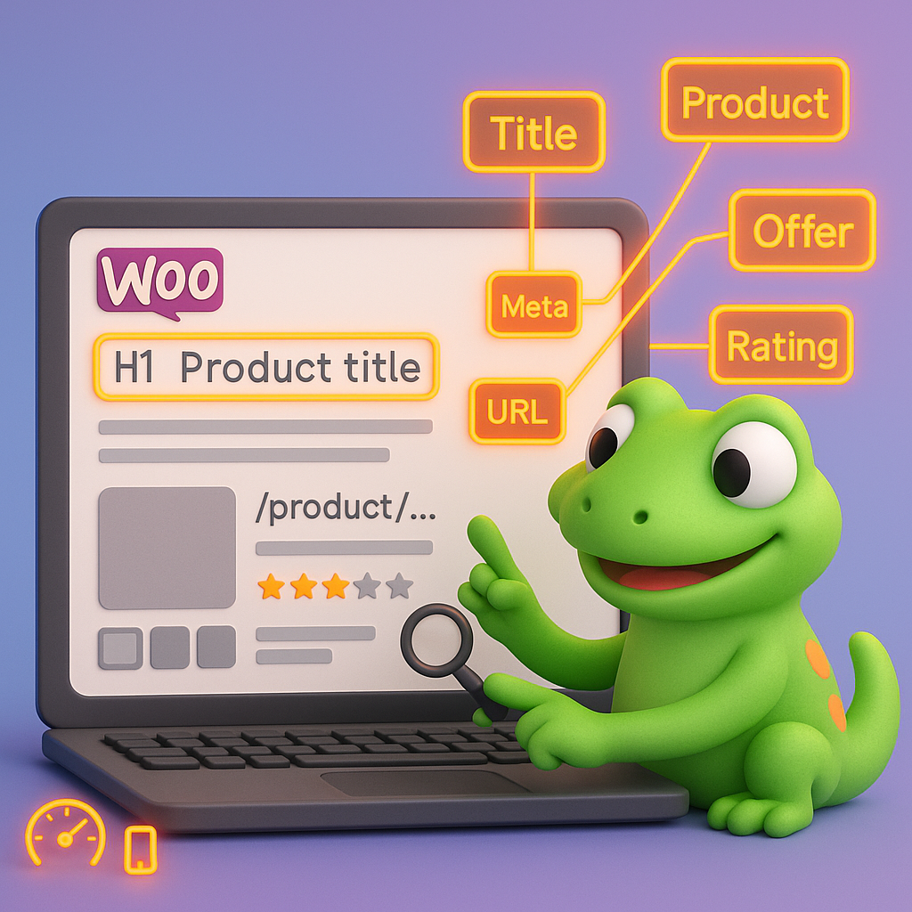 3D illustration of a green gecko pointing at a WooCommerce product page layout highlighting title tag, meta description, URL, image thumbnails, schema and mobile responsiveness
