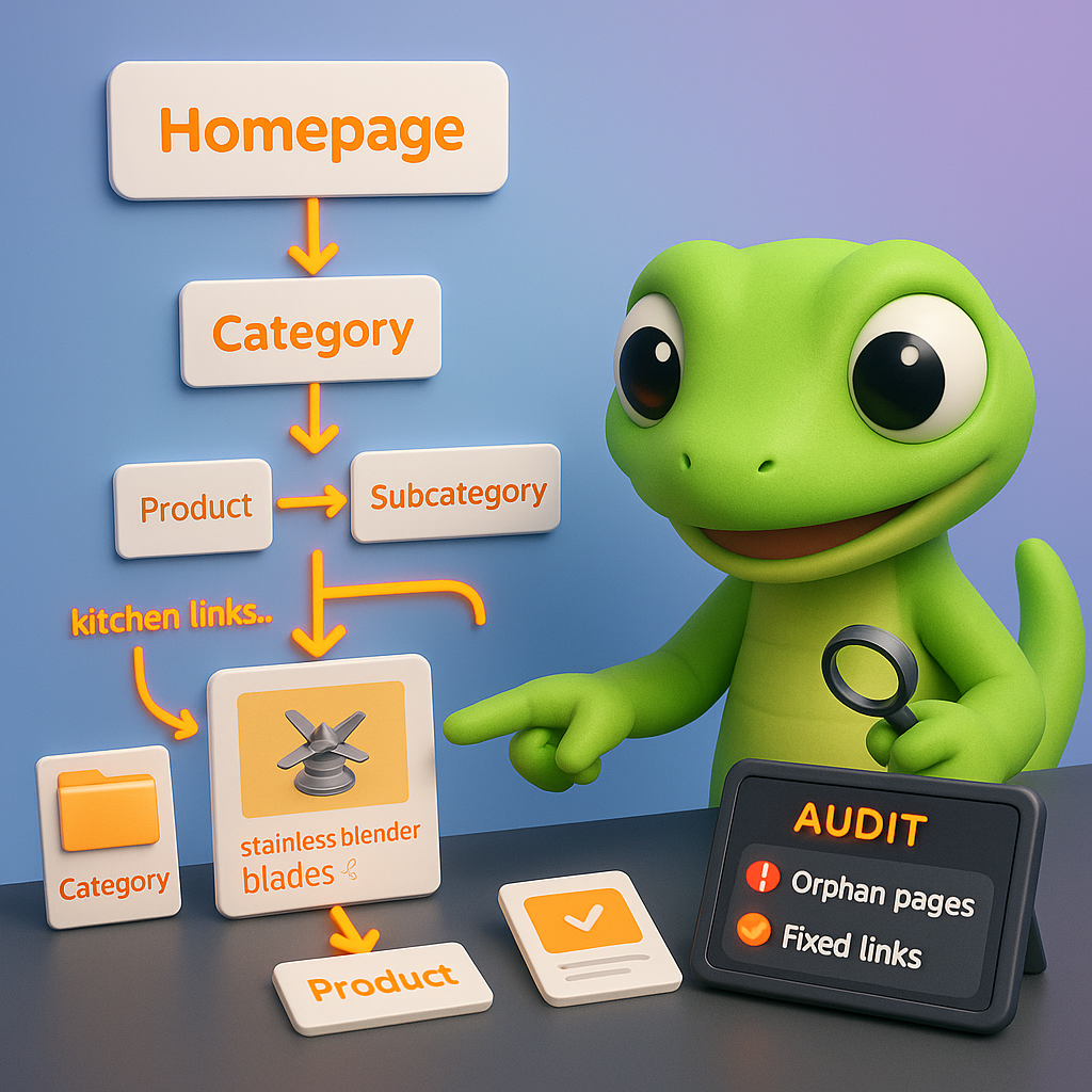 3D illustration of a green gecko organizing an internal linking map for a WooCommerce store showing homepage → category → subcategory → product flows, keyword-rich anchor labels, and an audit tablet flagging orphan pages