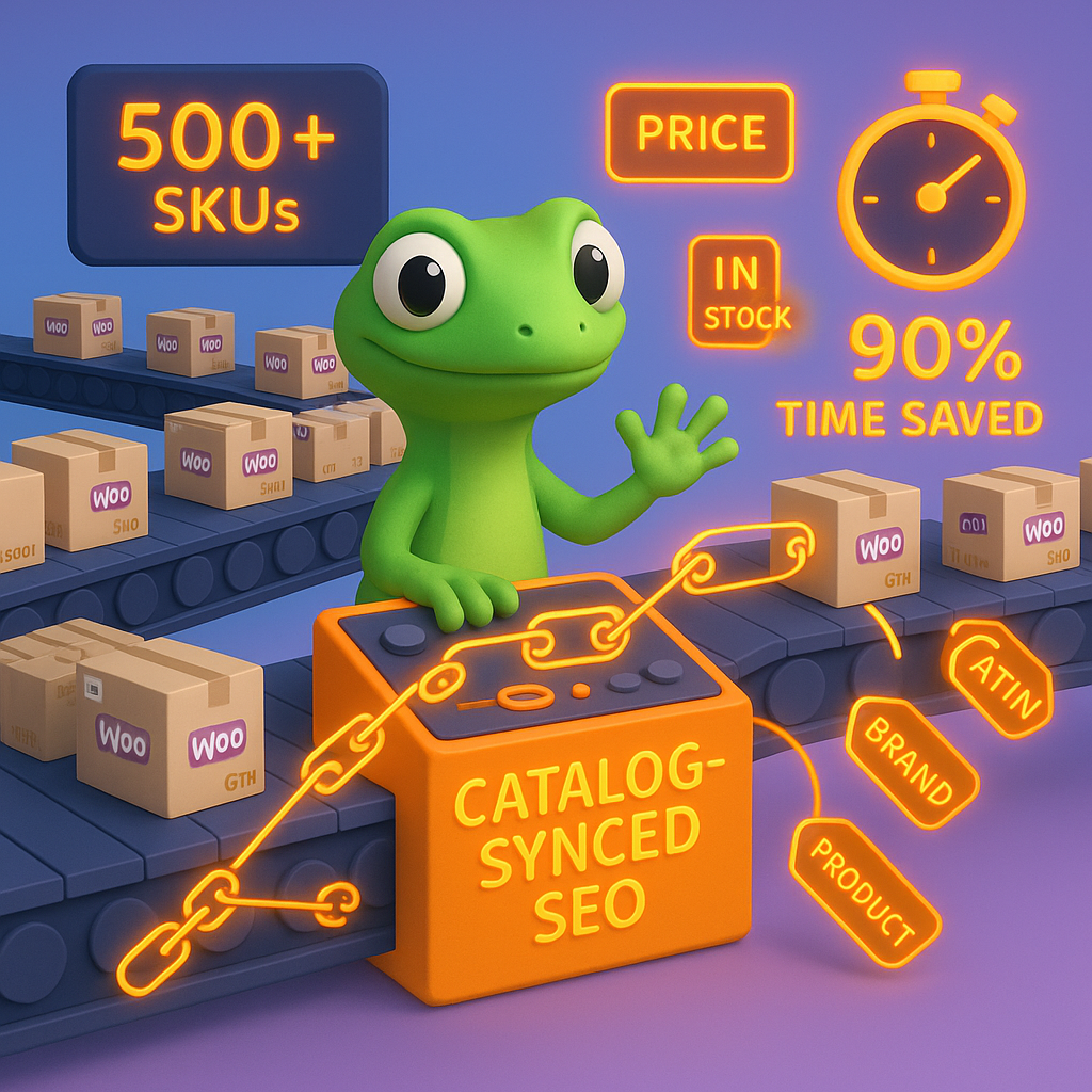 Green gecko automation operator overseeing a conveyor belt of product boxes with neon schema badges and internal linking chains — visualizing catalog-synced WooCommerce SEO automation for large SKU catalogs