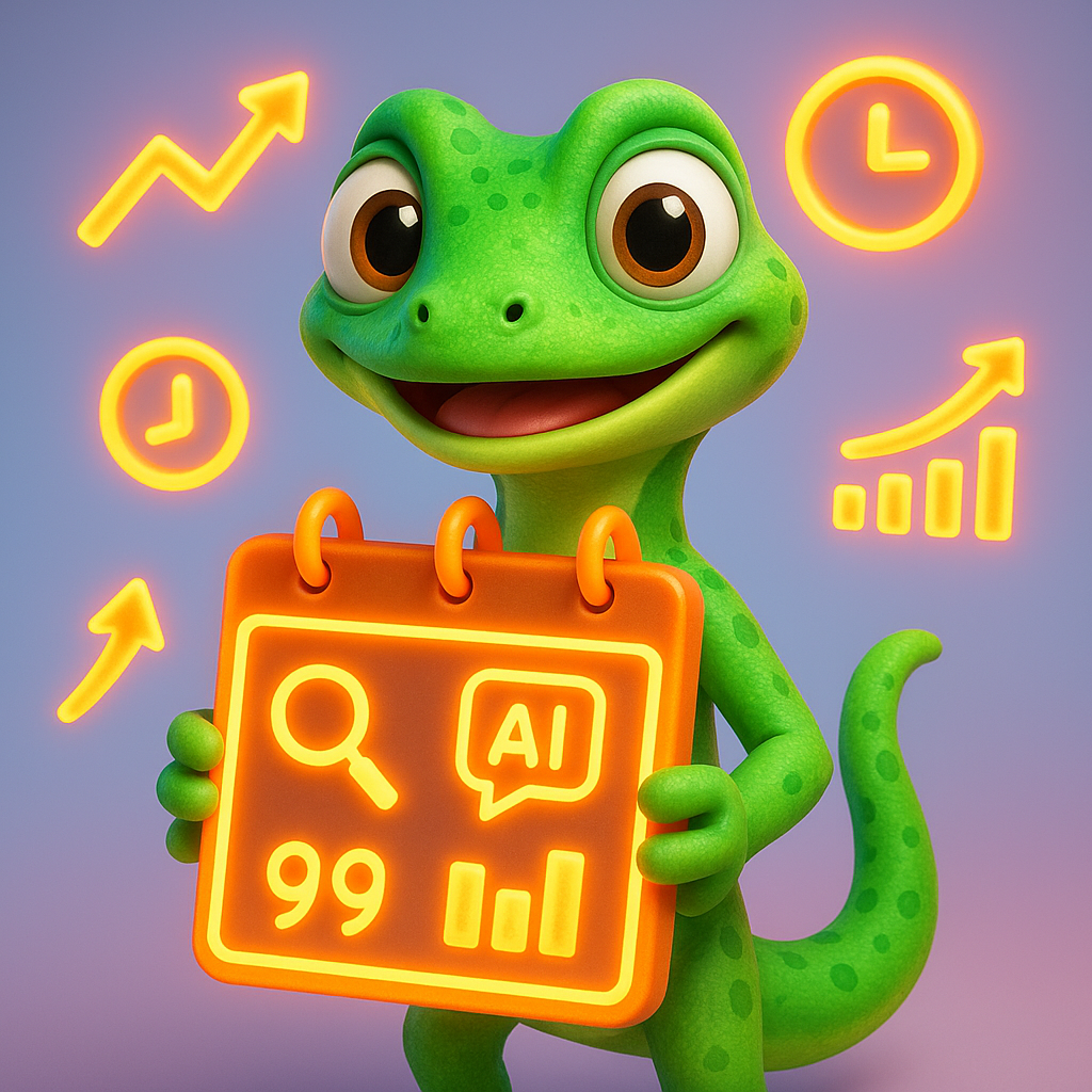 3D cartoon-style illustration of a green gecko character holding a glowing, neon orange calendar filled with icons representing SEO, answer engines, and AI. Floating icons around the gecko represent traffic growth, efficiency, and performance metrics.
