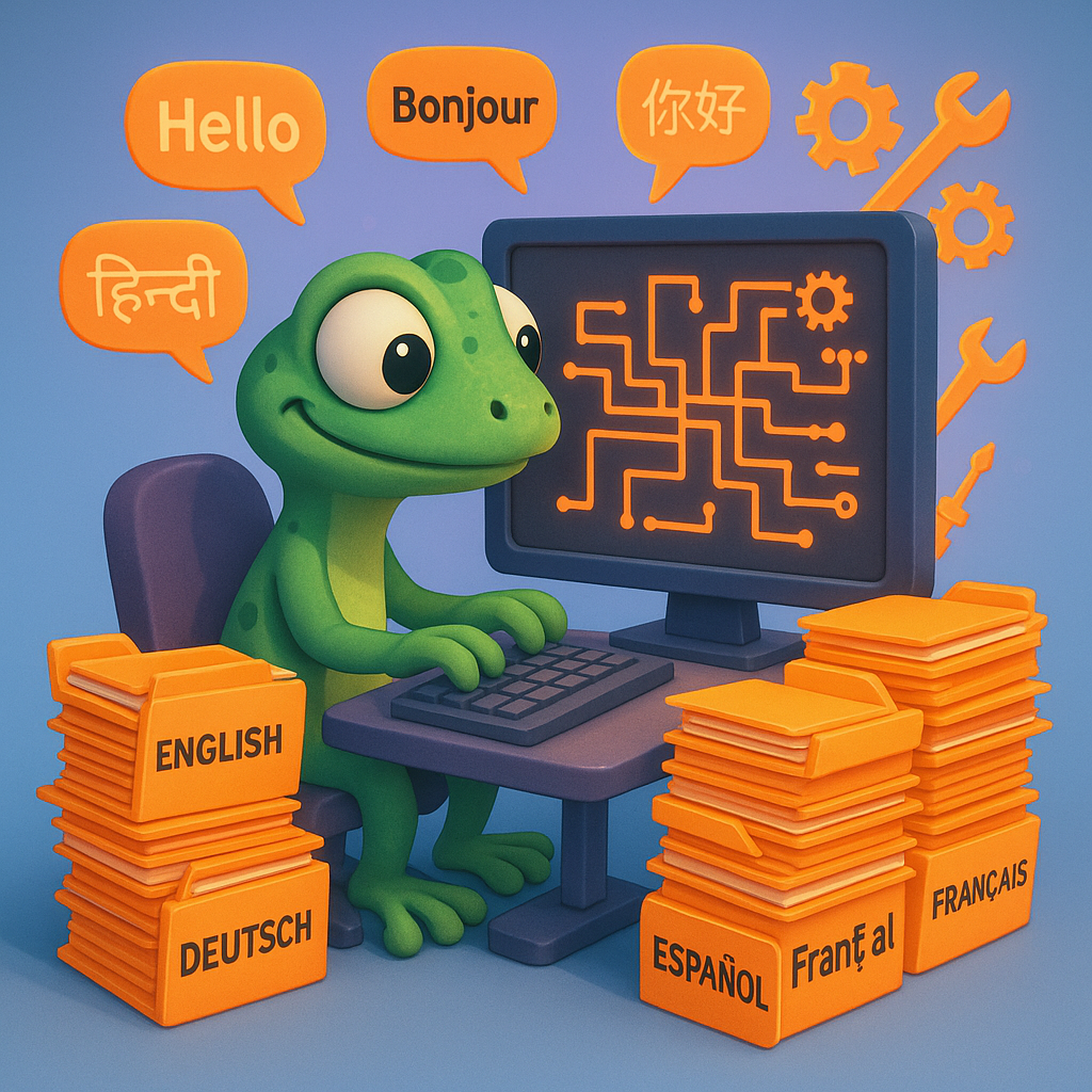 3D cartoon-style illustration of a green gecko character sitting at a computer surrounded by piles of neon orange file folders labeled with different languages. On the computer screen, branching neon orange lines represent complex workflows for adapting content across languages; speech bubbles in various scripts float above. The background is a light blue-to-purple gradient, and additional neon orange gears and tools symbolize integration and technical challenges.