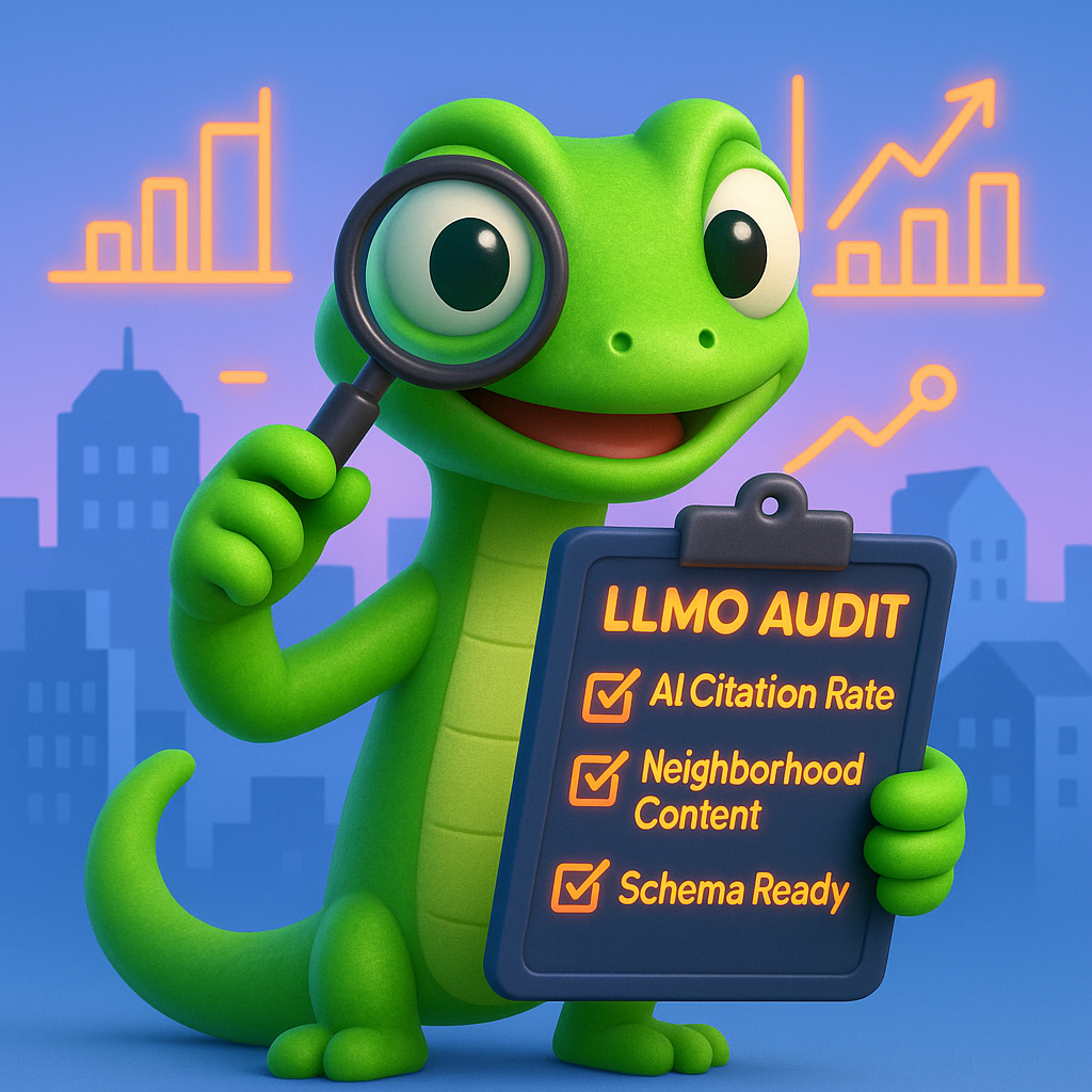 3D cartoon-style illustration of a green gecko character with a magnifying glass and a clipboard performing an LLMO audit. The clipboard displays checklist items in neon orange, such as 'AI Citation Rate', 'Neighborhood Content', and 'Schema Ready'. Background features a stylized cityscape and abstract neon orange graphs, all set against a light blue-to-purple gradient.