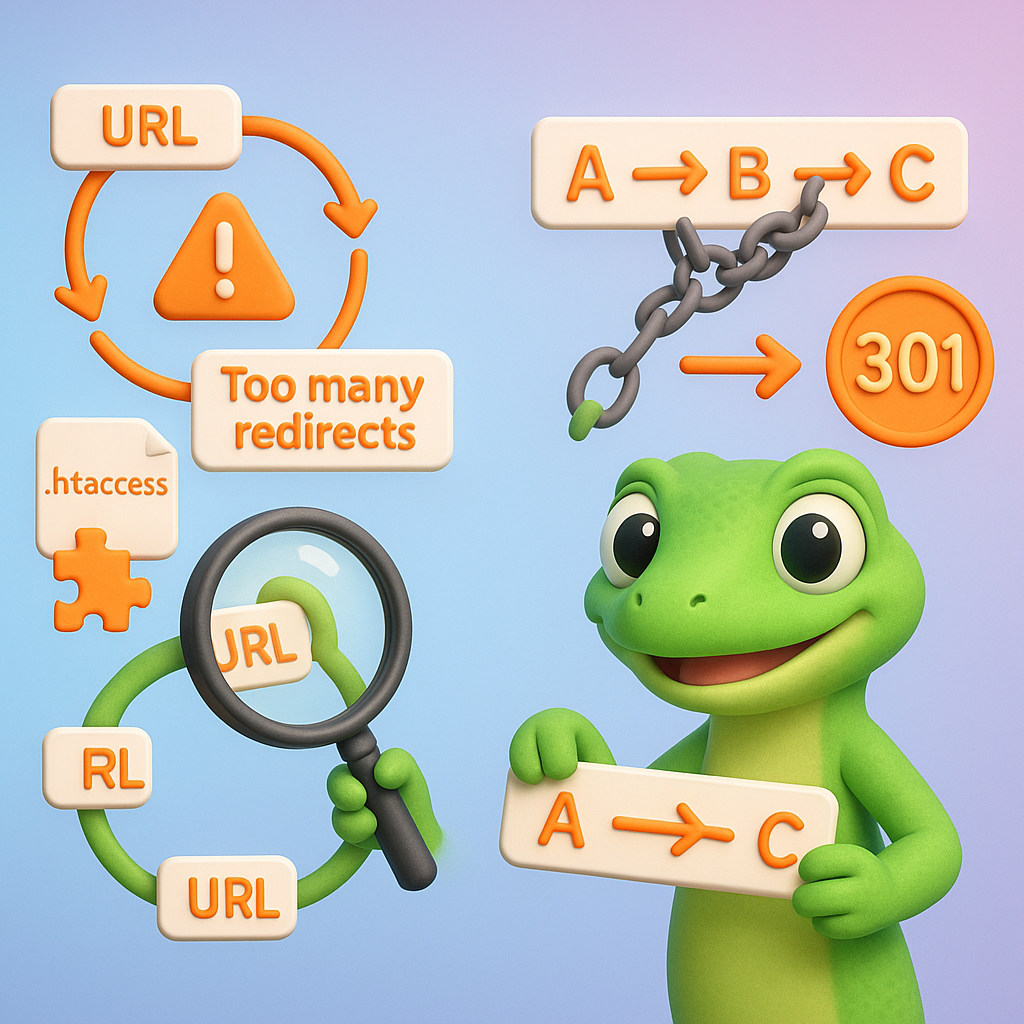 3D cartoon green gecko troubleshooting a redirect loop and untangling a redirect chain (Too many redirects browser error, .htaccess and plugin icons) — redirect loop debugging