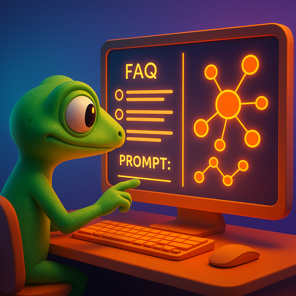 3D cartoon-style illustration of a single focused green gecko at a glowing neon orange workstation, entering prompt text into a computer screen that visually splits into two: one side shows structured FAQ schema and the other shows semantic keyword clusters connected by lines; background features a light blue-to-purple gradient, neon orange highlights for schema icons and clustering lines.