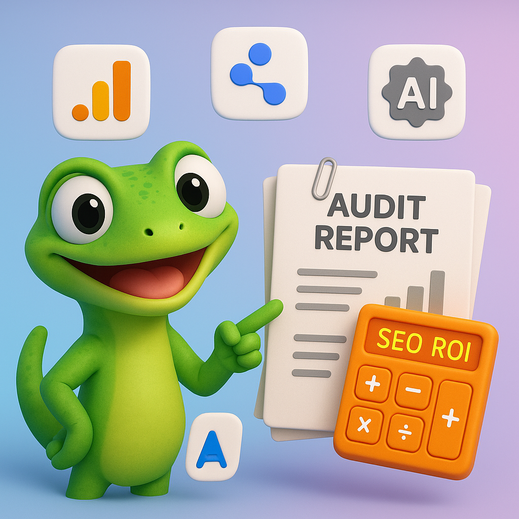 3D cartoon-style illustration of a single green gecko character enthusiastically pointing to a stack of audit report papers and a neon orange SEO ROI calculator, surrounded by stylized icons for Google Analytics, Looker Studio, and AI tools, set against a light blue-to-purple gradient background.