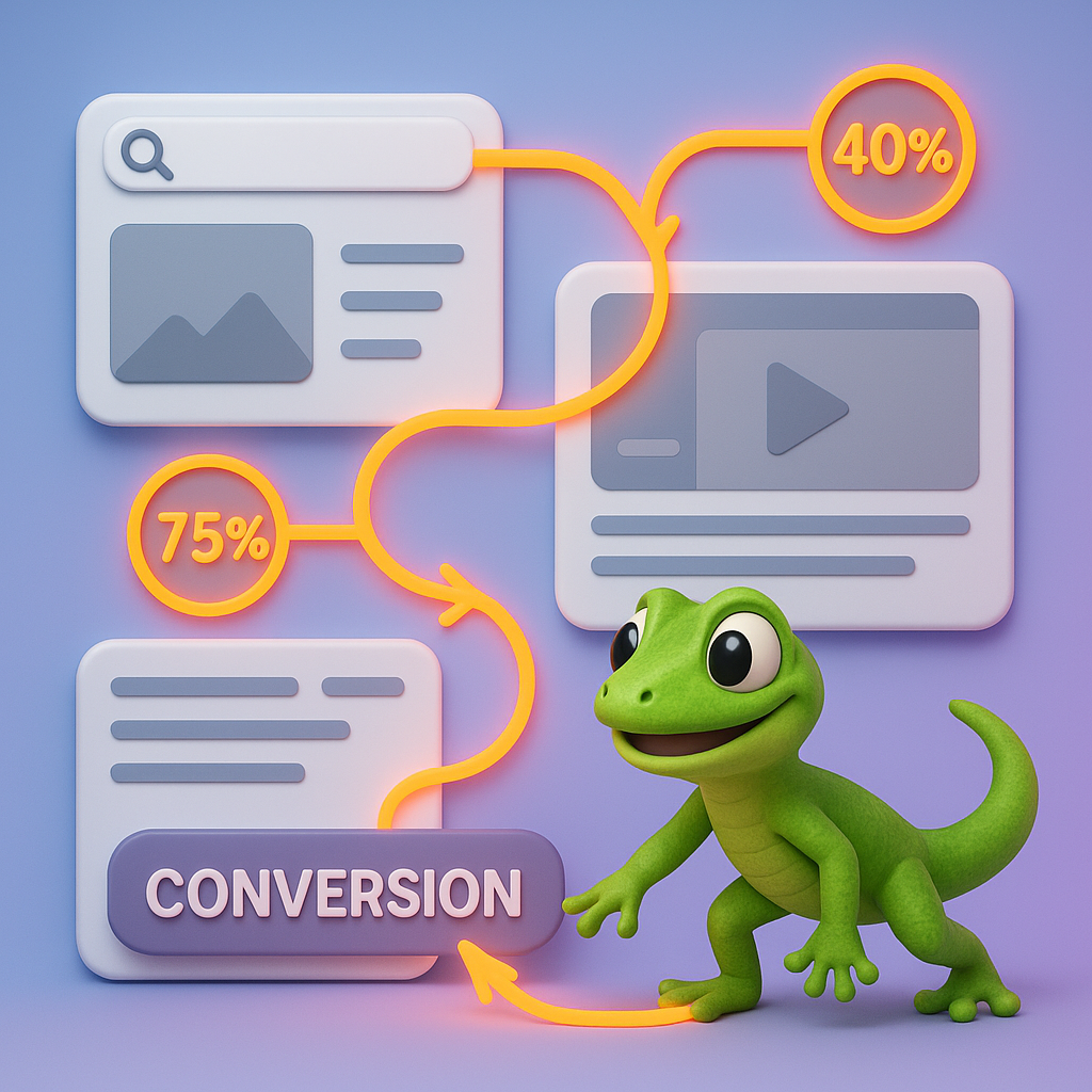3D cartoon-style illustration of a single green gecko character tracing a glowing neon orange path across website elements representing the user journey: starting from a search bar, through landing pages, engaging with content, and finally reaching a large conversion button. The background is a light blue-to-purple gradient, and the path is clearly segmented with neon orange arrows and stats bubbles.