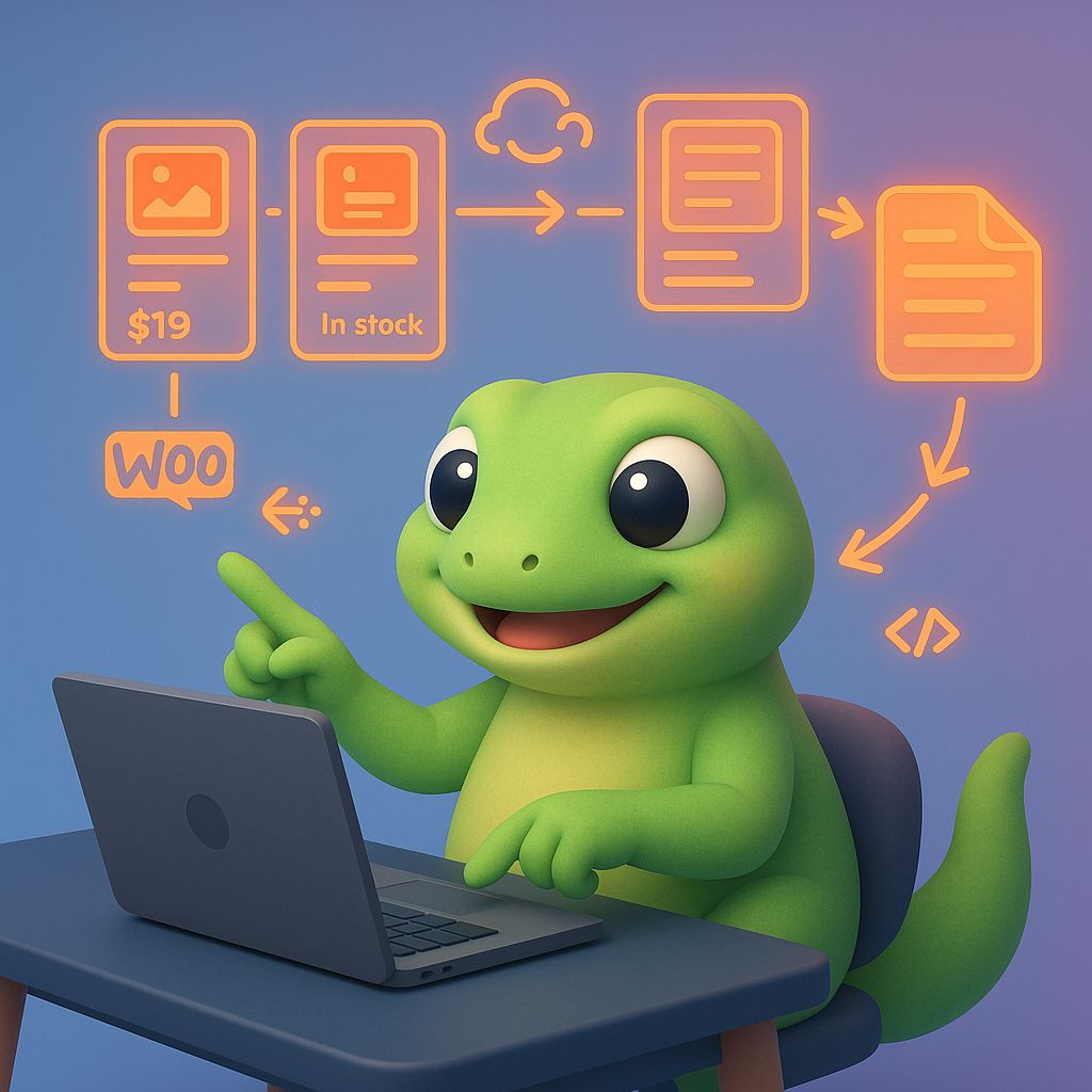 Friendly 3D green gecko at a laptop illustrating automated product-to-content sync for WooCommerce, showing product cards, sync arrows, and schema icons