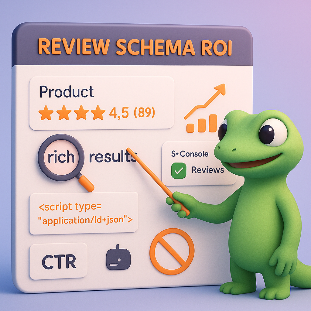 3D illustration of a green ContentGecko SEO gecko presenting a dashboard showing rich result SERP snippet with 4.5★ (89 reviews), CTR increase chart (+25–35%), and Search Console Enhancements > Reviews card.
