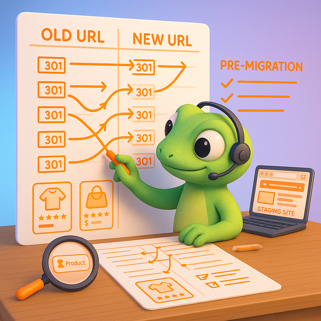 Gecko SEO engineer drawing 1:1 URL mapping in a spreadsheet with neon-orange 301 redirect arrows, product cards, and a staging site preview — visual guide to URL mapping and redirects for WooCommerce migration