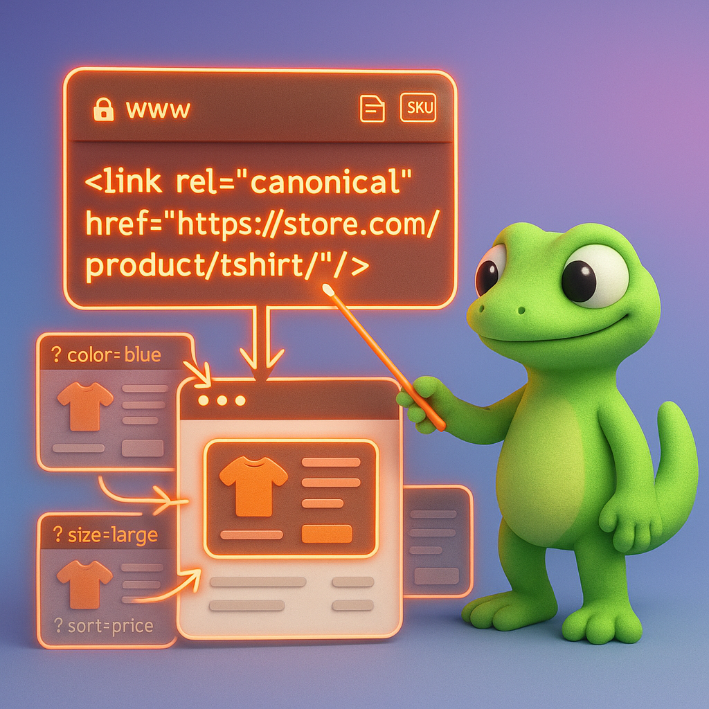 3D cartoon green gecko pointing at a canonical link tag with duplicate product windows and arrows consolidating to the canonical product URL, showing HTTPS, www toggle, and CSV SKU icon to illustrate WooCommerce duplicate content prevention