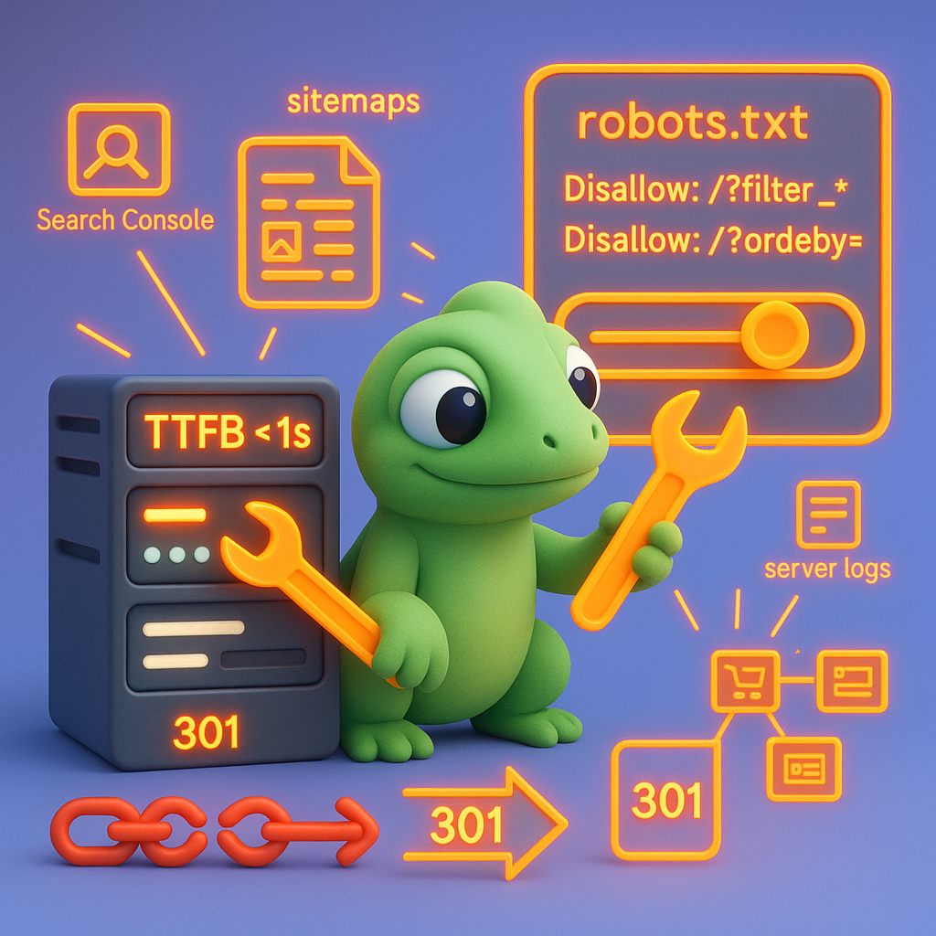 3D cartoon green gecko fixing a server rack and tuning robots.txt and sitemaps — illustrating TTFB under 1s, URL parameter blocking, sitemap prioritization and redirect chain fixes for WooCommerce crawl budget optimization