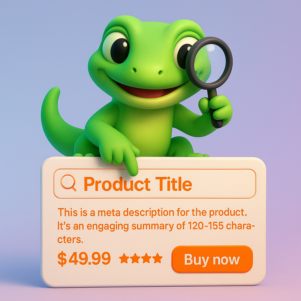 3D illustration of a green gecko tapping a search result card showing product title, neon orange price, star rating, and CTA — illustrating optimized meta titles and descriptions improving CTR
