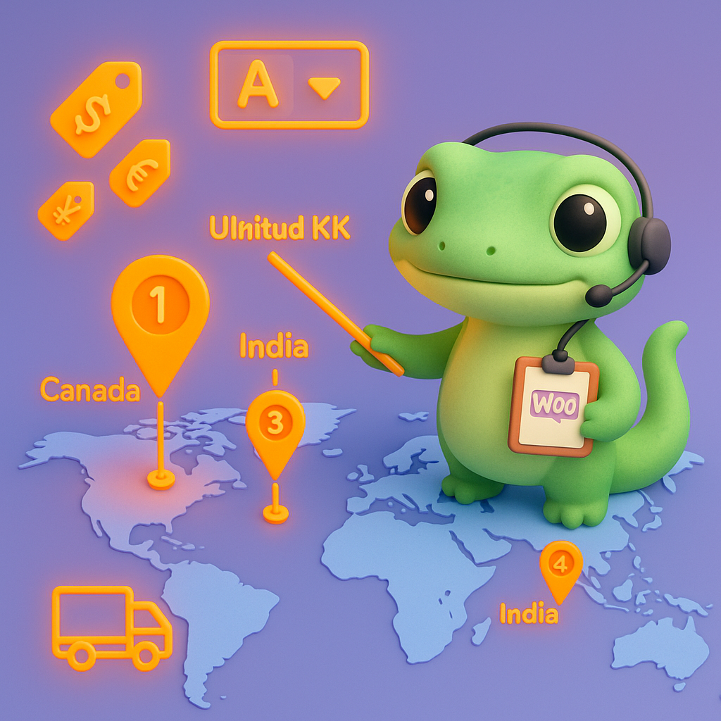 3D illustration of a green gecko consultant pointing at a world map highlighting United States, United Kingdom, India, and Canada with neon pins — visualizing top WooCommerce markets and international expansion strategy