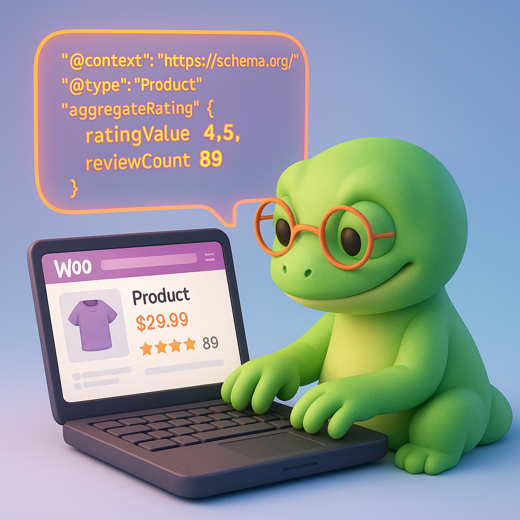 3D illustration of a friendly green ContentGecko developer typing JSON-LD for WooCommerce product review schema on a laptop showing product image, title, price, and 4.5★ (89 reviews) — visualizing aggregateRating and numeric ratingValue in code.