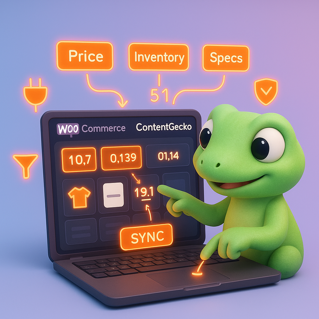 3D green gecko mascot at a laptop showing ContentGecko dashboard and live-syncing WooCommerce product grid with dynamic price, inventory, and specs