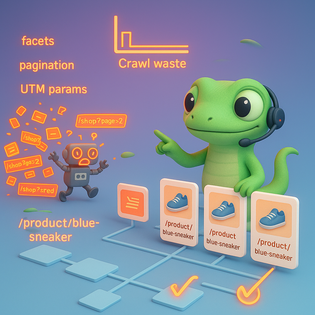 3D cartoon green gecko directing Googlebot away from faceted, paginated, and UTM parameter pages toward canonical product pages — visualizing crawl budget waste and focus for large WooCommerce catalogs