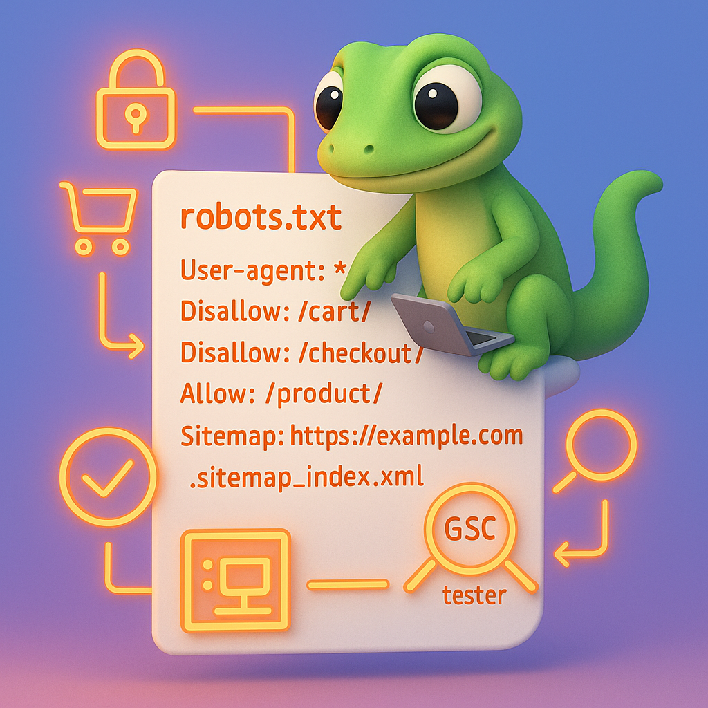 3D cartoon green gecko webmaster pointing at a robots.txt file showing 'User-agent: *', 'Disallow: /cart/', 'Disallow: /checkout/', 'Allow: /product/', and 'Sitemap' – visualizing WooCommerce robots.txt best practices