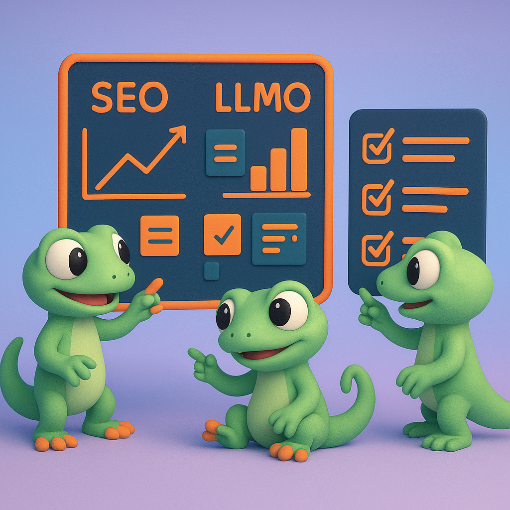 3D cartoon-style illustration of a team of three soft, rounded green gecko characters gathered around a large neon orange checklist and digital dashboard, collaborating and pointing at charts and sticky notes that show both SEO and LLMO metrics; background is a light blue-to-purple gradient, accent details in neon orange text and icons.